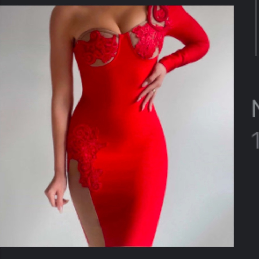 Red One-Shoulder Dress with Lace Details